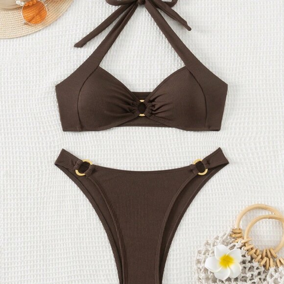 Coffee Brown Sexy Women's Beach Halter Neck Bra & Swim Bottom Bikini Set - Picture 3 of 8